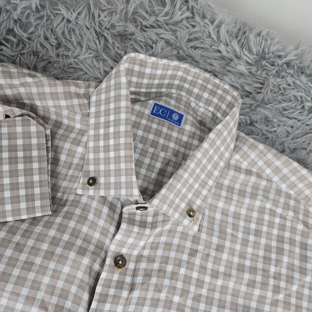 EC by Tom James Button‎ Down Shirt Mens XL Tan Gingham Plaid Long Sleeve Dress